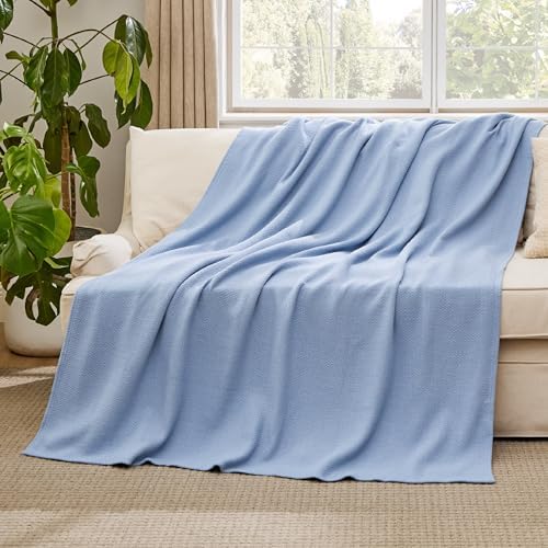 Bedsure 100% Cotton Blanket, Herringbone Weave, Throw XL, Ashley Blue - Image 5