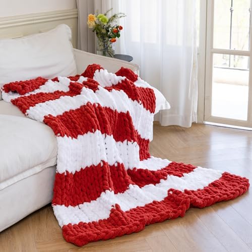 Chunky Knit Throw Blanket for Couch，50x60 Inches White red by Larexius