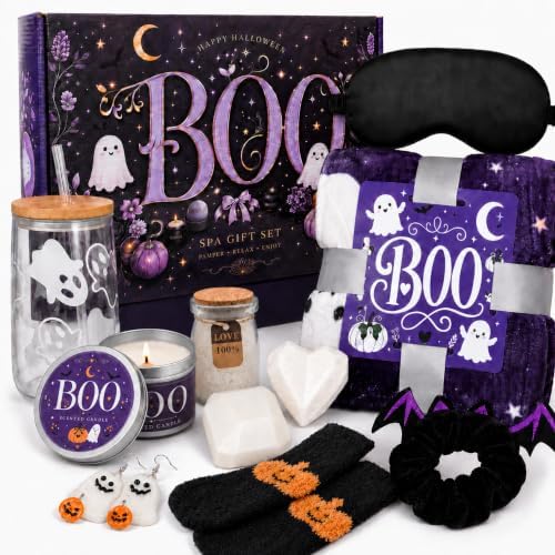 Halloween Gift Basket for Women, Boo Basket Stuffers for Her with 3.3 x 5 ft Blanket, 16 oz Ghost Glass Cup, Lavender Spa Set, Candle, Bath Salts, Soap, Socks and Accessories, Purple by Unknown