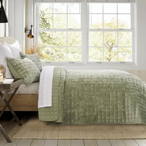 RECYCO Channel Box Stitch Velvet Quilt Set, Full Queen Size, Sage Green - Image 3