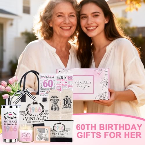 60th Birthday Gifts for Women, Vintage 1966 Birthdays Gift For Her, Cool 60 Year Old Birthday Gifts Set For Mom Wife Sister Friends Coworkers, Unique Gift Ideas With Tumbler Greeting Card Tote Bag - Image 7