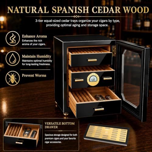 Woodronic Cigar Humidor Cabinet for 100 Counts with Digital Hygrometer, Crystal Gel Humidifiers, Spanish Cedar Lined Trays & Dividers, Polished Piano Black, Desktop Cigar Box Gift for Men - Image 4