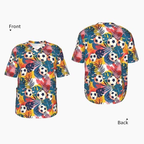 Men's Scrub Top,V-Neck Spill Wrinkle Resistant,3 Pockets-Tropical Palm Leaf Football (1) - Image 4