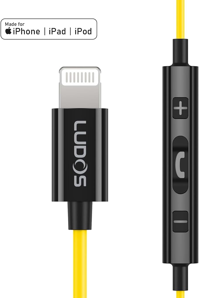 LUDOS Ultra iPhone Wired Headphones Earbuds Earphones with Lightning Connector Apple MFi Certified, 5 Years Warranty, for iPhone 14 13 12 11 Pro Max X XS XR 8 7 Plus with Microphone Control - Yellow - Image 7