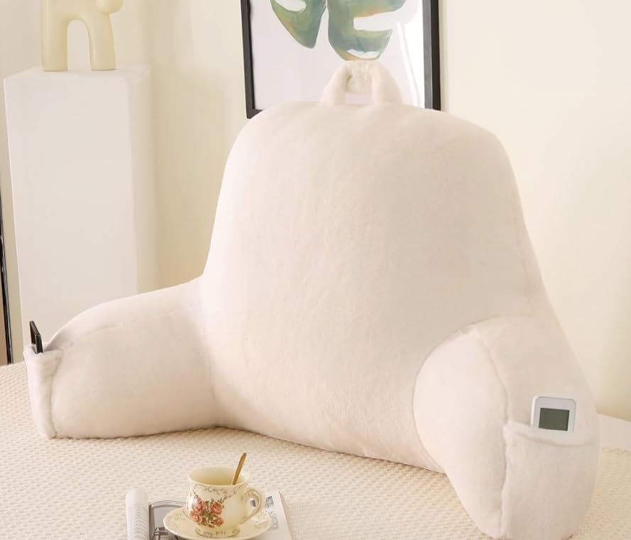 Soft Reading Pillow for Bed with Arms,Middle,White,Faux Fur by PAJEO