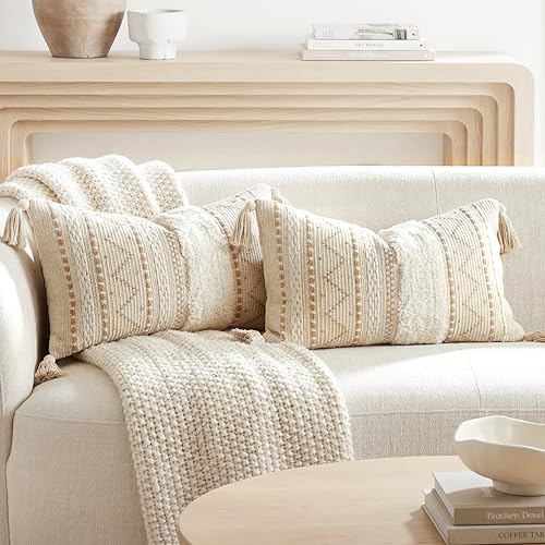 BlissBlush Decorative Lumbar Throw Pillow Covers 12x20 Combo Set of 2 Cream Neutral Rectangular Boho Accent Pillowcase Farmhouse Cushion for Couch Sofa Bedroom Living Home Décor Cover ONLY by BlissBlush