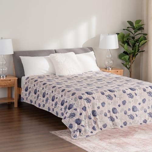 Berkshire Blanket-Classic Heavyweight Soft Printed VelvetLoft® Plush Blanket, Full/Queen Size Soft Fuzzy Warm Blanket for Couch Sofa Bed, Classic Shells Navy, 90in x 90in - Image 4