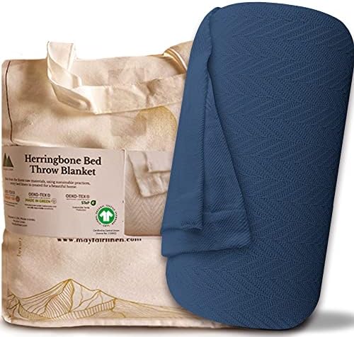 Mayfair Linen Cotton Throw Blankets for Bed King Size - Herringbone Pattern Cotton Blankets King Size (1 PC, Deep Blue), Breathable, Soft & Cozy Thermal All Season Throw for Bed Couch Chair Outdoors by MayfairLinen