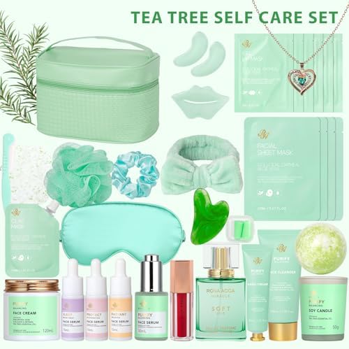 Mothers Day Gifts for Mom, 33 Pcs Tea Tree Skin Care Gift Set, Spa Gift Basket Set for Women, Necklace, Bath and Body Gift Set, Face Sheet Mask, Self Care Kit, Birthday Present, Christmas, Anniversary - Image 2