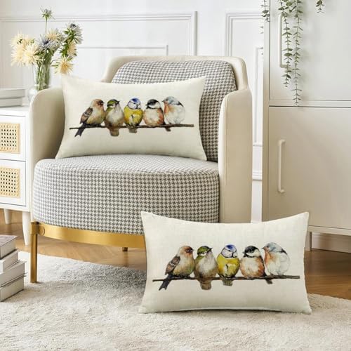 RABUSOFA Watercolor Birds Pillows Decorative Throw Pillows 12x20,Hand-Painted Oil Painting Rustic Birds Lumbar Pillow Cases,Cute Colorful Spring Summer Decorations for Home Couch Sofa Outdoor - Image 4