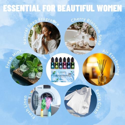 Housekeeping Essential Oils Set for Diffuser,Pure Aromatherapy Oil for Diffuser,Candle Making,Natural Soap Scent,Cherry Blossom Soap,Fresh Mint,Fresh Linen,Air Freshener,Extra Clean - Image 3