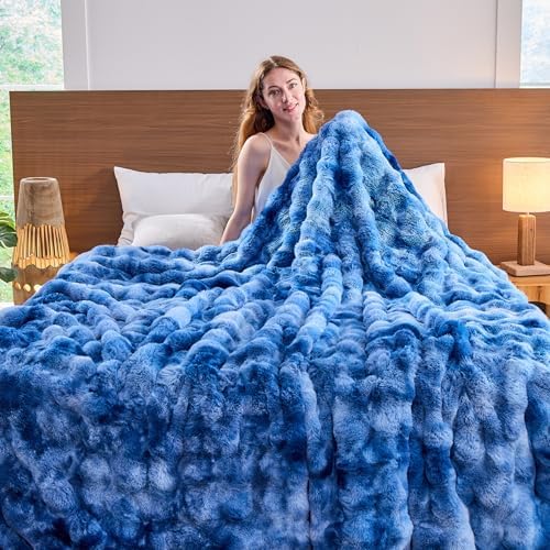 Lotus Karen Faux Fur Throw Blanket Tie-Dye Blue - Big Bubble Rabbit Fluff Blanket for Couch, Large Fluffy Fuzzy Cozy Blanket,Thick Furry Plush Shaggy Blankets,108x90 Inches - Image 4