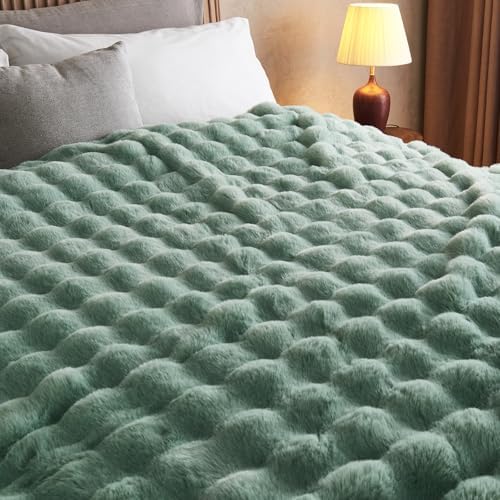 Lotus Karen Faux Fur Throw Blanket Sage Green - Big Bubble Rabbit Fluff Blanket for Couch Bed Sofa,Softest Fluffy Fuzzy Cozy Blanket,Plush Thick Furry Shaggy Warm Blankets for Women,90x90 Inches - Image 7