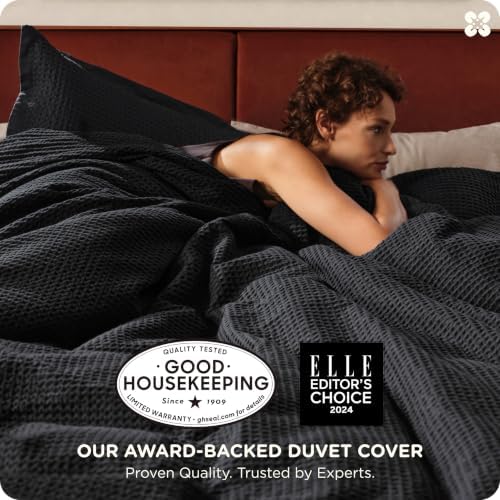 Bedsure PureWoven 3 Pieces 100% Cotton Waffle Weave Duvet Cover Set, Black - Image 2
