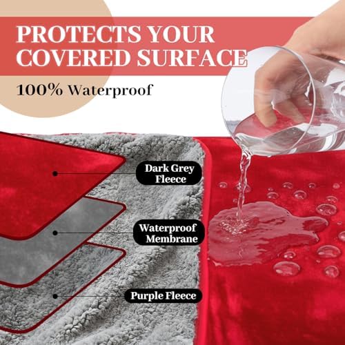 Tisancy King Size Waterproof Blanket for Bed Couch, 82'' x 82'' Double Side Leakproof Reversible Sherpa Flannel Fleece 3-Layer Lightweight Blanket, Absorbs 80oz(Red/Gray), Machine Washable - Image 3
