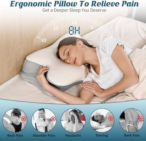 Cervical Neck Pillow for Pain Relief, Ergonomic Side Sleeper Pillow for Sleeping, Contour Orthopedic Memory Foam Pillows for Back & Stomach Sleepers with Pillowcase (Light Grey) - Image 2