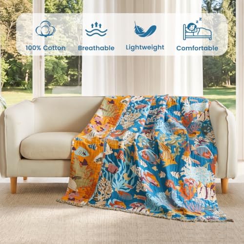 MSGKV Throw Blanket 60"x80" 100% Cotton Ocean Animals Throw for Couch Bed - Image 3