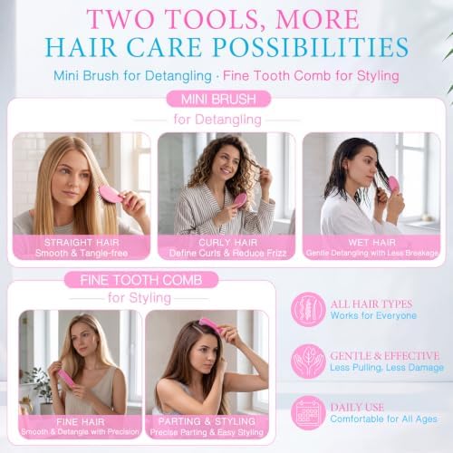 Epakh 12 Hair Brush Comb Set Wet Detangling Mini for Travel, Pink - Image 4