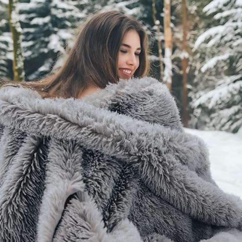 Bedsure Faux Fur Fluffy Sherpa Fleece King Bed Blanket Light Grey 108"x90" - Image 2