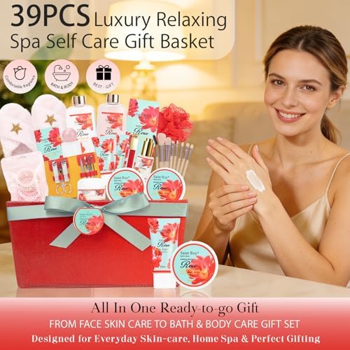 35Pcs Spa Kit Gift for Women, Sandalwood Red Rose Bath and Body Basket Gift - Image 7