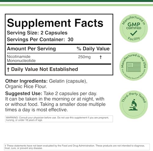 NMN 250mg per Serving, 99% Purity, Cellular Energy & Healthy Aging, 60 Caps - Image 2