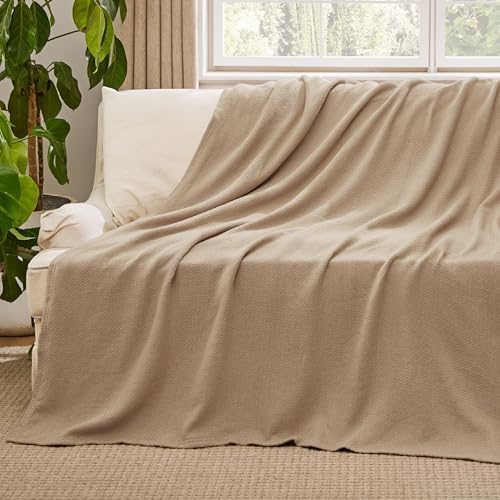 Bedsure 100% Cotton Blanket, Herringbone Weave, Throw XL, Light Brown - Image 5