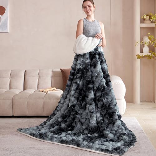 60x80 Inches Ultra-Soft Fuzzy Faux Fur Plush Twin Size Blanket - Thick, Warm Sherpa for Couch, Sofa, Bedroom, Camping - Decorative Blanket for Cozy Warmth, Bubble Black Tie Dye - Image 4