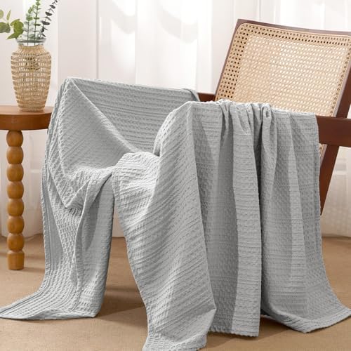 PHF Lightweight Waffle Weave Throw Blanket 50"x 60", Soft Woven Summer Blanket for Hot Sleepers - Aesthetic Home Decor for Couch Bed Sofa, Pet Friendly, Light Grey by PHF