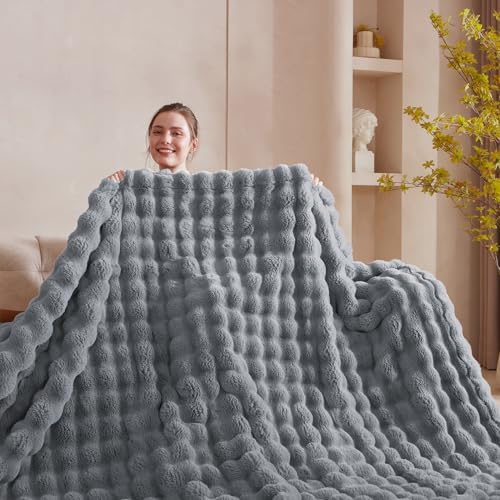 60x80 Inches Ultra-Soft Fuzzy Faux Fur Plush Twin Size Blanket - Thick, Warm Sherpa for Couch, Sofa, Bedroom, Camping - Decorative Blanket for Cozy Warmth, Bubble Grey - Image 2