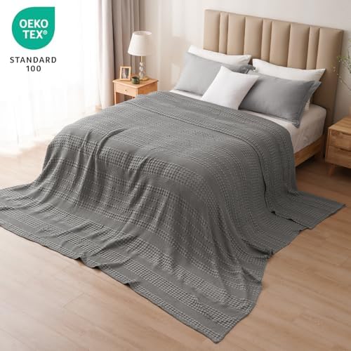 PHF Lightweight 100% Cotton Waffle Blanket, Oversized King, Dark Grey - Image 5