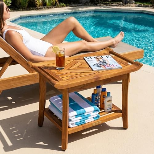 Teak Shower Bench Stool Seat, w/Leveling Feet, Waterproof, Teak Oil Finish - Image 5