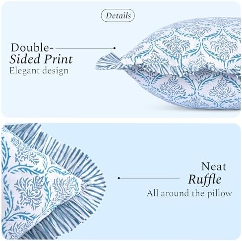CPC Indigo Regal Hand Block Print 100% Cotton Ruffle Throw Pillow Cover 18x18 inch with Hidden Zipper Decorative for Couch, Bed, Sofa, Farmhouse, Cottagecore Decor Gift Christmas Fall Thanksgiving - Image 2