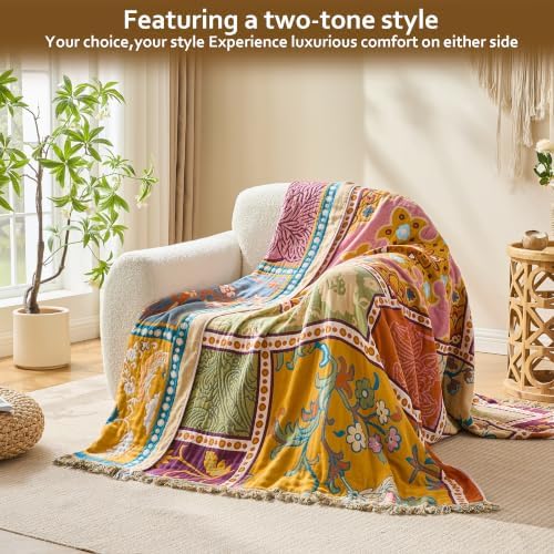 VANJOROY Boho Throw Blanket, 100% Organic Cotton Breathable Skin-Friendly Ultra Soft 60" x 80" Bed Patchwork Throw - Floral Rustic Luxury Reversible Blanket for Sofa Couch Chair and Gift, - Image 3
