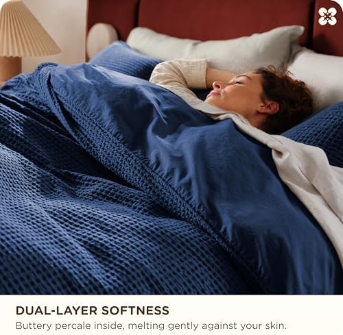 Bedsure Cotton Duvet Cover King - 100% Cotton Waffle Weave Navy Blue Duvet Cover King Size, PureWoven Breathable Bedding Set for All Season, 3 Pieces, 104"x90" - Image 4