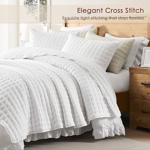 WDCOZY White Queen Size Quilt Bedding Sets with Pillow Shams, Lightweight Soft Bedspread Coverlet, Quilted Blanket Thin Comforter Bed Cover, All Season Summer Spring, 3 Pieces, 90x90 inches - Image 3