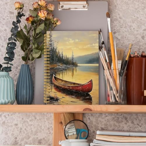 XPH Vintage Red Canoe Lake Landscape Spiral Notebook, Lake Gifts Journaling Notebooks for Women, Rustic Farmhouse Hardcover Journals for Writing 160 Pages 5.5 x 8.3 Inch, Nature Lover Gifts - Image 3