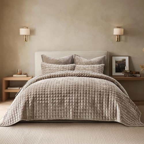 RECYCO Velvet Quilt Set, Oversized California King 118"x106", Natural Tan by RECYCOHOMECOLLECTION