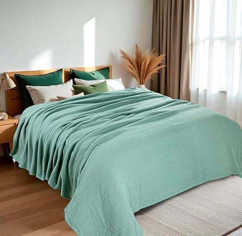 HILLFAIR 100% Combed Cotton Blanket– Queen Bed Blanket– Soft Cozy Warm Multipurpose Throws for Luxury Home Decor– 90 x 90 inch Queen Size Cotton Blankets for Beds- Bed Blankets for All Season- Sage - Image 2