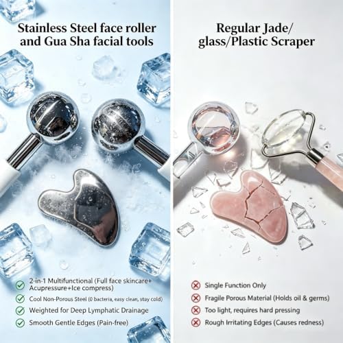 Ice Roller for Face & Eyes, Stainless Steel Ice Globes with Gua Sha Set, 3-Piece Facial Kit for Puffiness, Depuffing and Lymphatic Drainage, Cryo Facial Massage Tools, Neck & Jawline, Home Spa Gift - Image 4