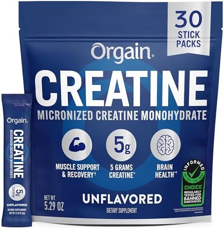 Orgain 5g Creatine Monohydrate Micronized Powder, Unflavored, 30 Sticks by Orgain