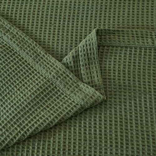 100% Cotton Green Blanket Full/Queen Size for Bed - Breathable and Soft, Waffle Weave for Summer Spring, 90x90 Inches (Forest Green) - Image 4