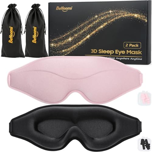 BeHoomi Sleep Mask, 2 Packs Premium Eye Mask for Sleeping, Total Blackout, Superior Soft Comfort, Upgraded 3D Ergonomic Designed Sleeping Mask for Home, Office, Travel, Meditation, Yoga, Black & Pink by BeHoomi