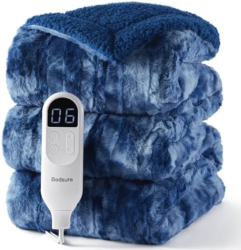 Bedsure Faux Fur Heated Blanket Full Size, Fast Heating Electric Blanket Full Size with 6 Heating Levels & 10 Time Settings, Cozy Gifts for Women Men (72x84 inches, Denim Blue) by Unknown