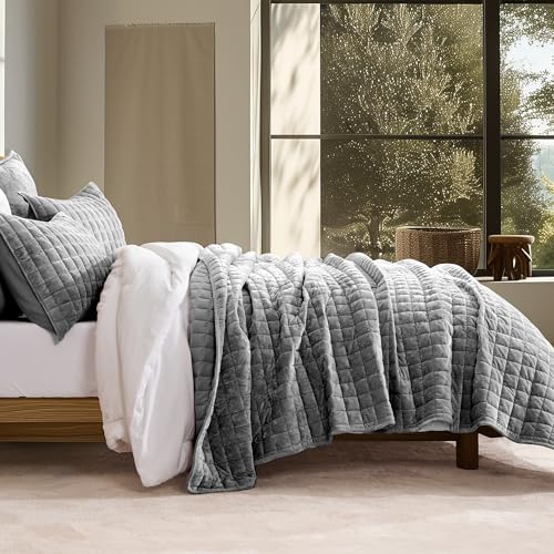 RECYCO Channel Box Stitch Velvet Quilt Set Twin/Twin XL Size, Charcoal Gray by RECYCOHOMECOLLECTION