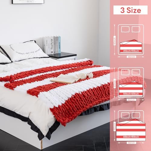 Chunky Knit Throw Blanket for Couch，50x60 Inches White red - Image 6