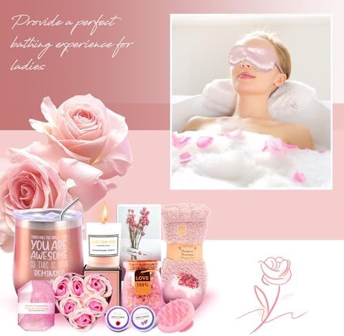 12 Piece Spa Gifts Set for Women, Self Care Gift Basket for Mom Wife Her, Relaxing Gifts with Eye Mask, Water Bottle, Bath Bombs, Aromatherapy for Valentines Day, Birthday, Christmas (Rose) - Image 6