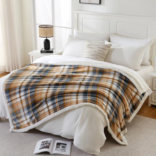 PU MEI Sherpa Blanket Twin Plaid Thick Bed Blanket, 60”*80” Super Soft Flannel Fuzzy Fleece Reversible Velvet Plush Warm Blanket for Couch (Blue Yellow Check) - Image 7