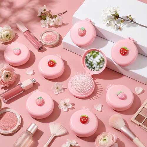 12 Pcs Pink Coquette Strawberry Mini Hair Brushes Folding Mirror Coquette Detangler Brush Bulk Round Compact Massage Scalp Comb for Purse Women Travel Team Gifts Trendy Stuff Party Favors - Image 6