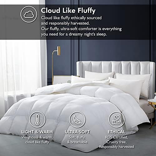 Luxurious White Solid Heavy Weight, King Size Goose Feathers Down Comforter for Winter Weather Duvet Insert, Premium Baffle Box, 100% Egyptian Cotton Cover, 70 oz. Fill Weight - Image 2