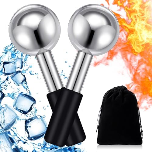 Baderke 2 Pcs Ice Globes for Face Stainless Steel Cooling Globes Unbreakable Cooling Roller Women Ice Balls Cryo Sticks Facials Skin Care for Dark Circles, Puffiness(Silver (Black Handle)) by Baderke